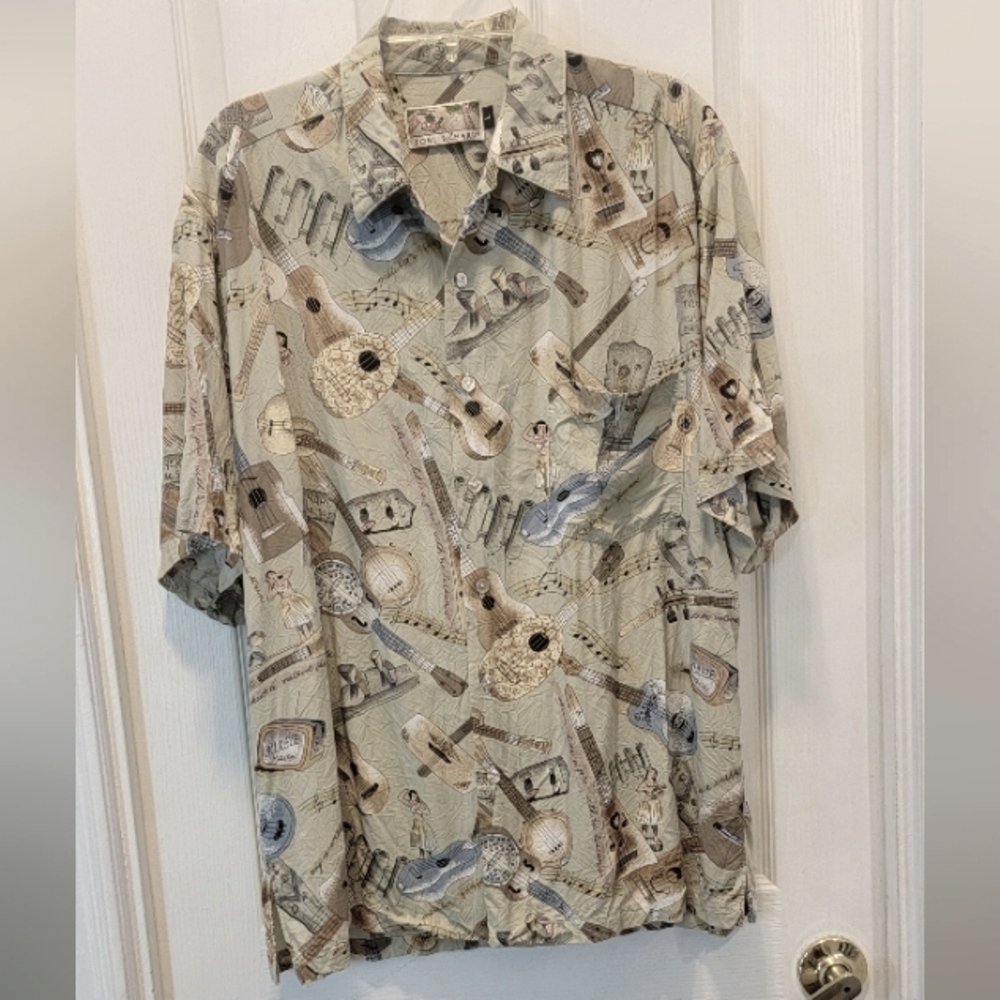 Vtg Tori Richard Ukulele Hula Girl Hawaiian Shirt mother Of Pearl Buttons